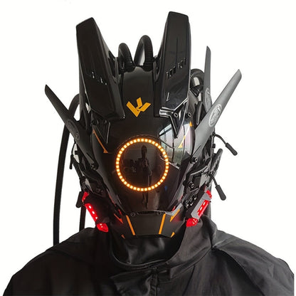 LED Punk Mask with Tubular Braids & Helmet – Futuristic Sci-Fi Mechanical Cosplay Mask for Halloween, Rave Music Festival & Party, Blue Green Pink, Handmade TPU PC Unisex Adult Costume Prop