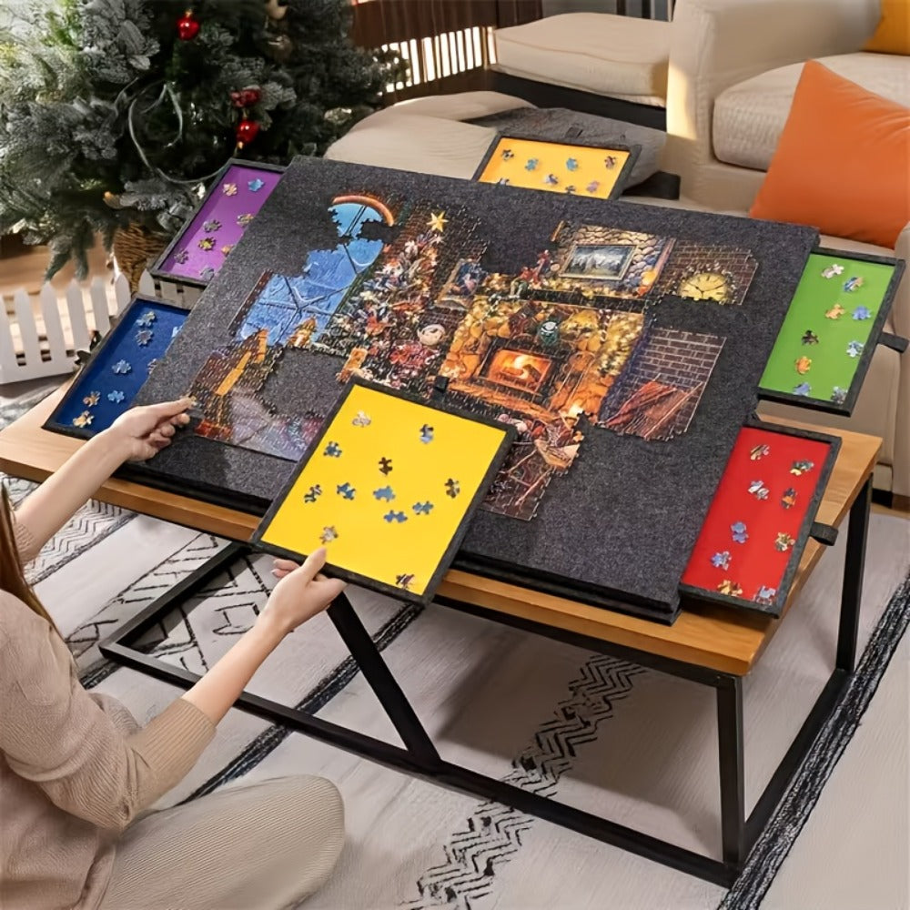 Jigsaw Puzzle Board with 6 Colored Drawers for 1000 & 1500 Piece Puzzles – Portable Tilting Felt Mat, 2-in-1 Bracket Cover, Lightweight Puzzle Storage Organizer for Adults