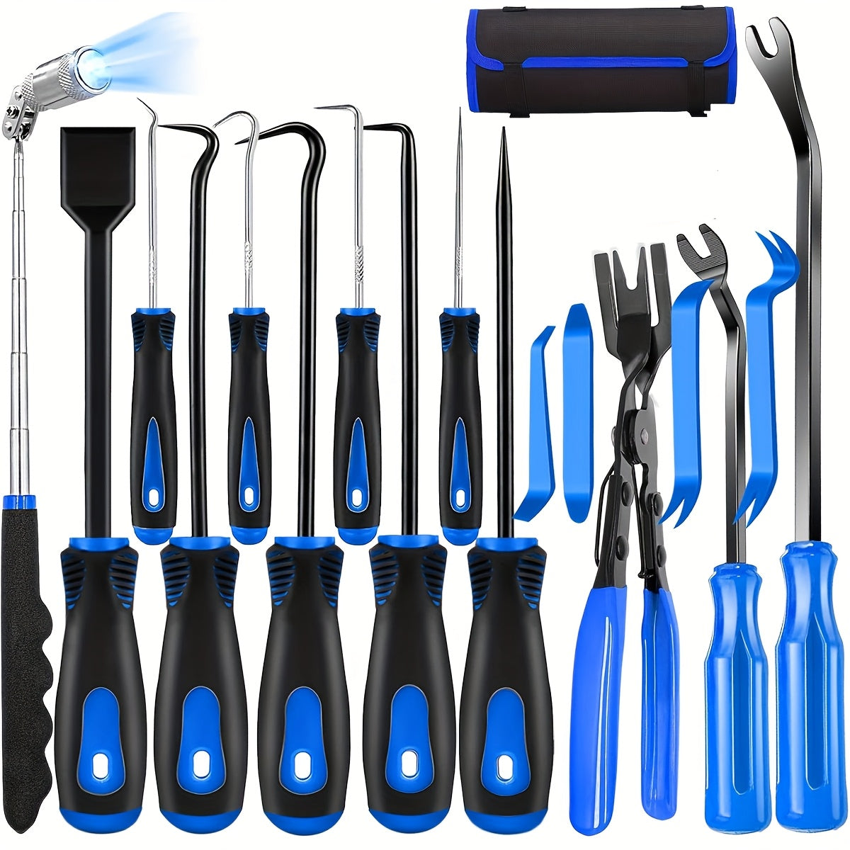 17pcs Professional Auto Trim Removal Tool Kit - with Picks, Pry Tools, Metal Scraper & Magnetic Telescopic Pickup for Car Dash, Panel, Bicycle Maintenance
