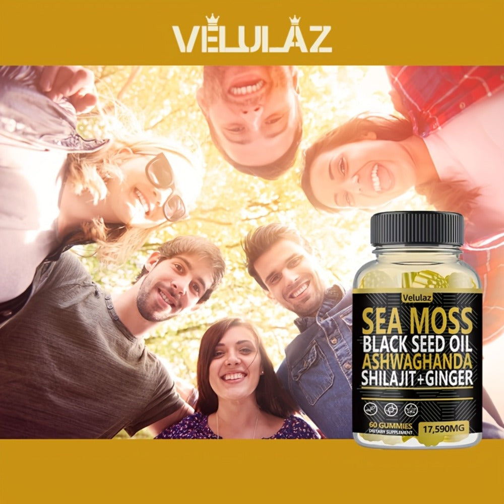 Sea Moss Gummies 10-in-1 Superfood Blend 60 Count 17590mg - Black Seed Oil Ashwagandha Shilajit Elderberry Turmeric Bladderwrack Ginger Chlorophyll Daily Immune Energy Wellness Supplement