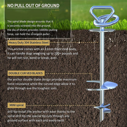 Dog Tie-Out Stake 304 Stainless Steel – 360° Swivel Anti-Tangle Spiral Ground Anchor for Dogs Up to 150 lbs | Easy Screw-In Setup | Outdoor Yard, Camping & Beach Use | 1 or 2 Set Options