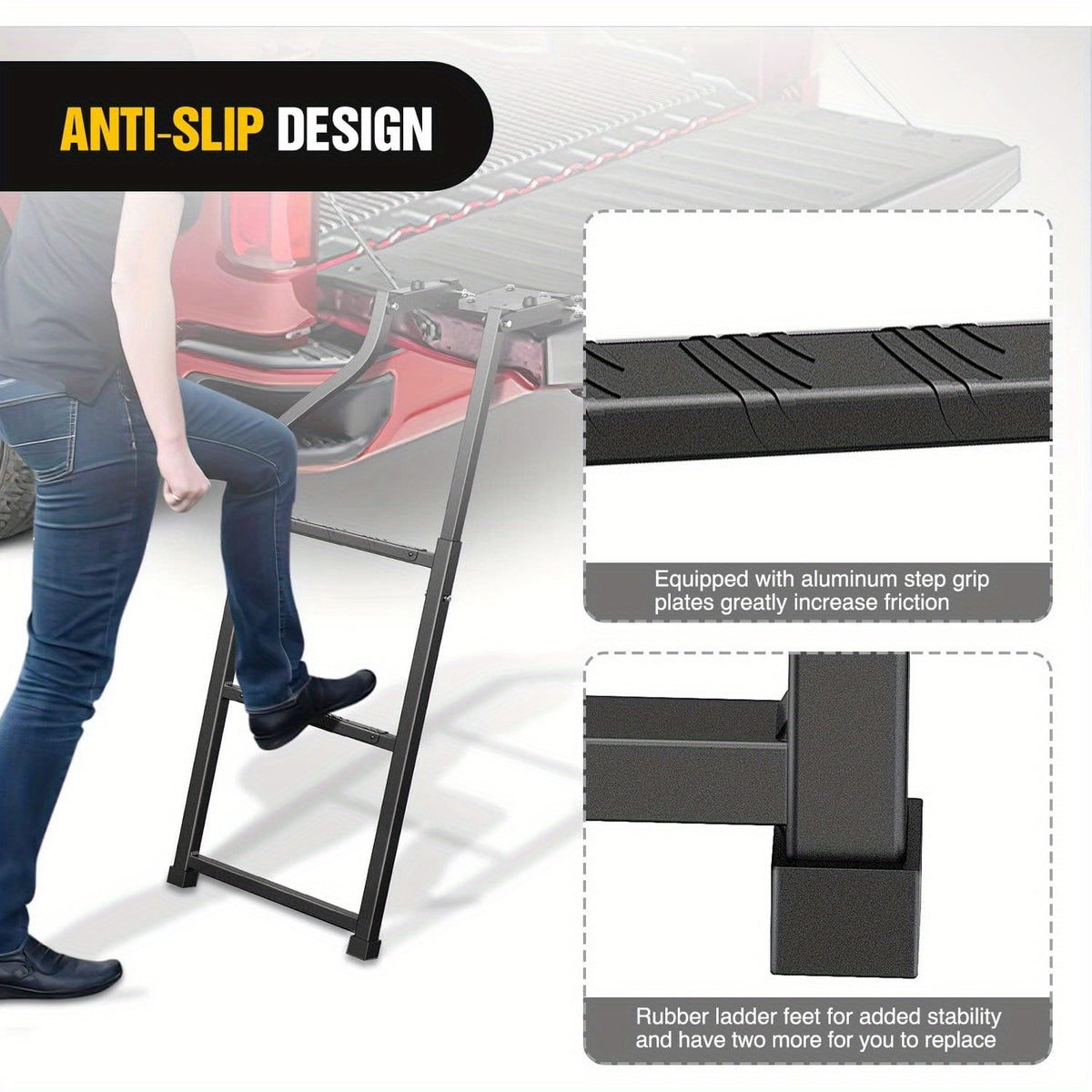 WAYWE Foldable Truck Tailgate Ladder for Pickup with Aluminum Step Grip Plates, Replaceable Rubber Ladder Feet & Stainless Steel Self Drilling Hex Screws for Easy Installation Folding Heavy Duty Tire Step Fit Tire From 10inch to 15inch