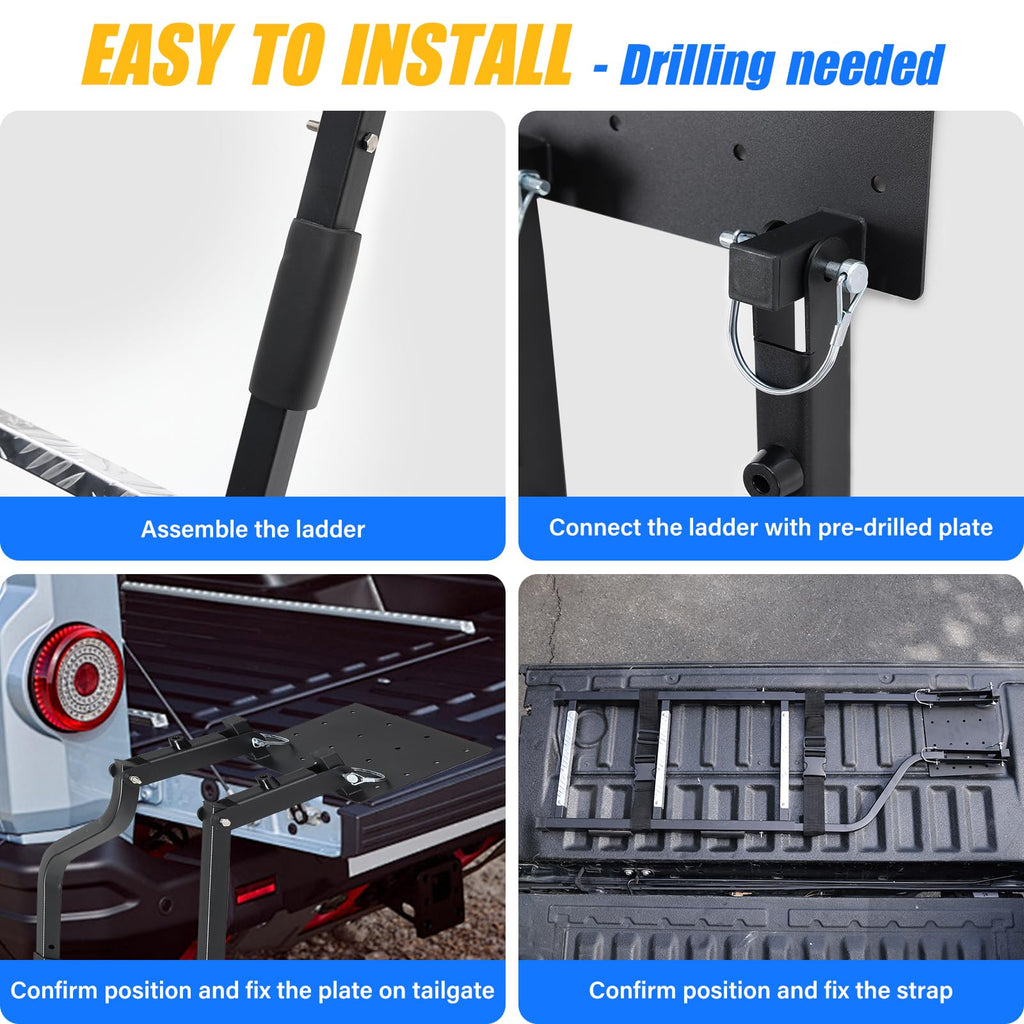 1pc Pickup Truck Tailgate Ladder - Universal Fit, Stainless Steel Self Drilling Hex Screws for Easy Install, Durable Aluminum Step Grip Plates, and Sturdy Rubber Ladder Feet, Vehicle Access, Offroad Accessory, Heavyduty Design, Reinforced Steps