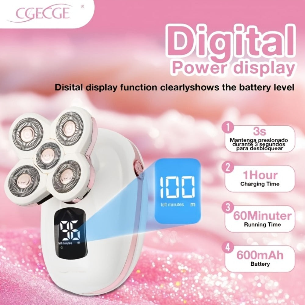 5-in-1 Electric Shaver for Men and Women IPX6 Waterproof — USB Rechargeable Body Hair Trimmer Grooming Kit with Interchangeable Heads for Bald Head, Hair, Nose, Sideburn & Facial Cleansing (Pink/Blue/Black)