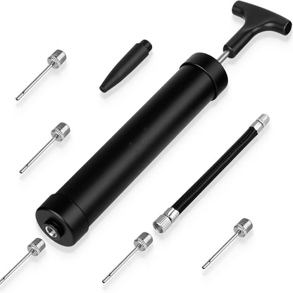 Portable Ball Pump Kit 8 Inch – Manual Air Pump with 5 Needles, Nozzle & Extension Hose for Basketball, Soccer, Football, Volleyball & Rugby – Compact Sports Ball Inflator, Black