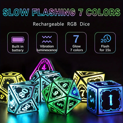 RGB LED DND Dice Set Rechargeable 7pcs – Illuminated Polyhedral Dice with Type-C Charging Case for D&D RPG Tabletop Games, Astral Shard Black, Glow in Dark Gift for Gamers
