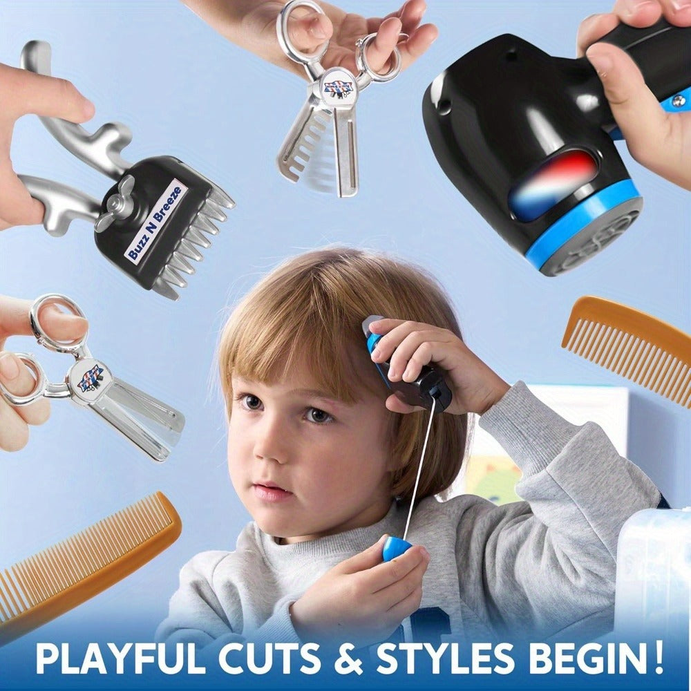 Kids Barbershop Pretend Play Kit 23pcs with Storage Box – Realistic Barber Role Play Toys with Shaver Scissors Hairdryer Comb – Educational Gift for Boys Girls Ages 3 4 5 6+