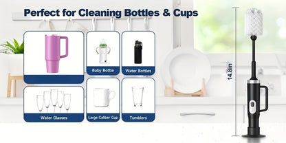 Electric Cup Scrubber Bottle Brush Cleaner – 2-Speed IPX6 Waterproof, Type-C Rechargeable, Deep Cleans 40oz Mugs, Tumblers & Hydration Bottles, Long Straw Brush Included, Wall Mount Storage, Kitchen Cleaning Tool