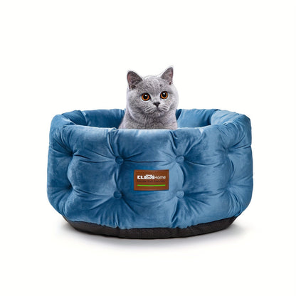 Cat Bed Round Deep Nest for Indoor Cats up to 15lbs, Luxurious Velvet Feel Extra High Sides, Machine Washable Non-Slip Bottom, Cozy Donut Cat Bed 20x20 in Steel Blue & Warm Beige