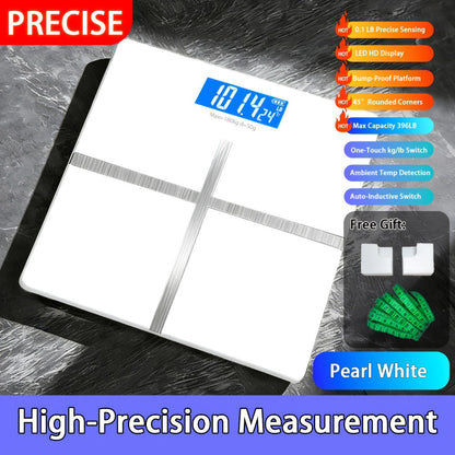 Digital Bathroom Scale with LCD Temperature Display – 396 lb High-Precision Weight Scale, KG/Pounds Switchable, Wide Non-Slip Platform, Available with HD LED Upgrade, Waist Strap & Storage Rack