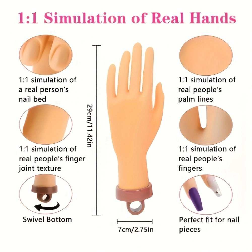 Silicone Nail Practice Hand Model with Desktop Stand - Flexible Realistic Fake Hand for Nail Art Training, Beginner Practice Glove Set for Nail Tech Students Home Salon