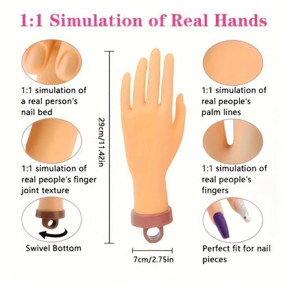 Silicone Nail Practice Hand Model with Desktop Stand - Flexible Realistic Fake Hand for Nail Art Training, Beginner Practice Glove Set for Nail Tech Students Home Salon