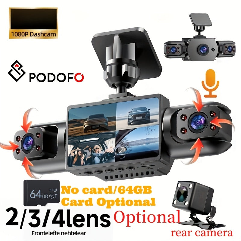 PODOFO Dual Camera Dash Cam 1080P, Suitable for Cars, 4-Channel Front/Rear/Left/Right, 3.16-inch IPS Screen, Night Vision, Loop Recording, 24-Hour Parking Monitoring with G-Sensor/Motion Detection, Optional 64GB Memory Card, Vehicle Security Camera