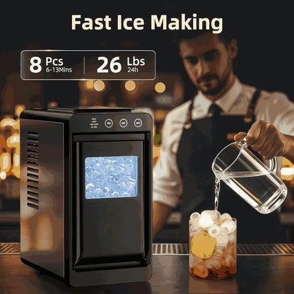 Countertop Ice Maker – 26 Lbs in 24 Hours, Selectable Ice Size, Internal Lighting, Self-Cleaning Portable Ice Machine with Basket & Scoop, Compact Design for Home, Kitchen & Office Use