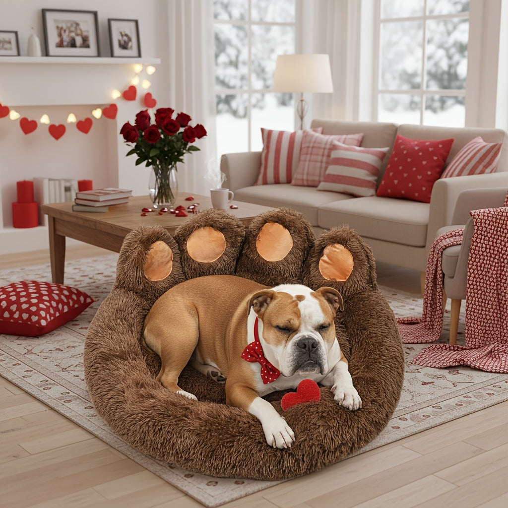 Dog Bed Cat Bed Bear Paw Shaped Donut – Calming Round Plush Pet Mattress, Warm & Soft Cuddler Bed for Dogs and Cats, Includes Pet Scarf, Sizes S to 2XL, Colors: Coffee, Pink, Grey, Brown