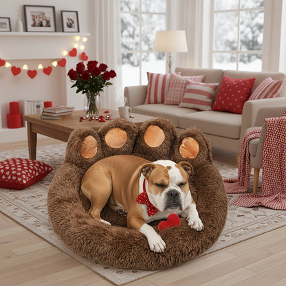 Dog Bed Cat Bed Bear Paw Shaped Donut – Calming Round Plush Pet Mattress, Warm & Soft Cuddler Bed for Dogs and Cats, Includes Pet Scarf, Sizes S to 2XL, Colors: Coffee, Pink, Grey, Brown