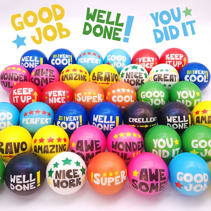 Motivational Squeeze Stress Balls 24 Pack Multicolor – Soft 2.48" Squishy Balls with Positive Affirmation Slogans for Classroom Prizes, Office Stress Relief, Team Building Rewards & Party Favors