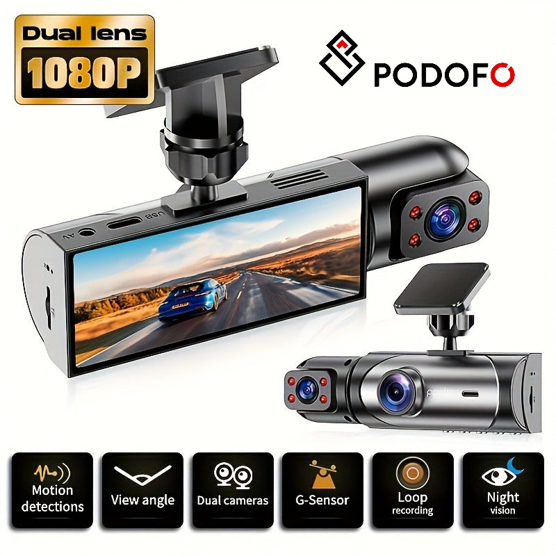 PODOFO Dual Camera Car Dash Cam, Front 1080P Built-in 480P with Infrared Night Vision, Loop Recording, Wide Angle 3.16-inch IPS Screen, HD Night Vision, Dual Lens Car Dashboard Camera, Car Accessories/Dashboard Camera/Gift/Car Black Box