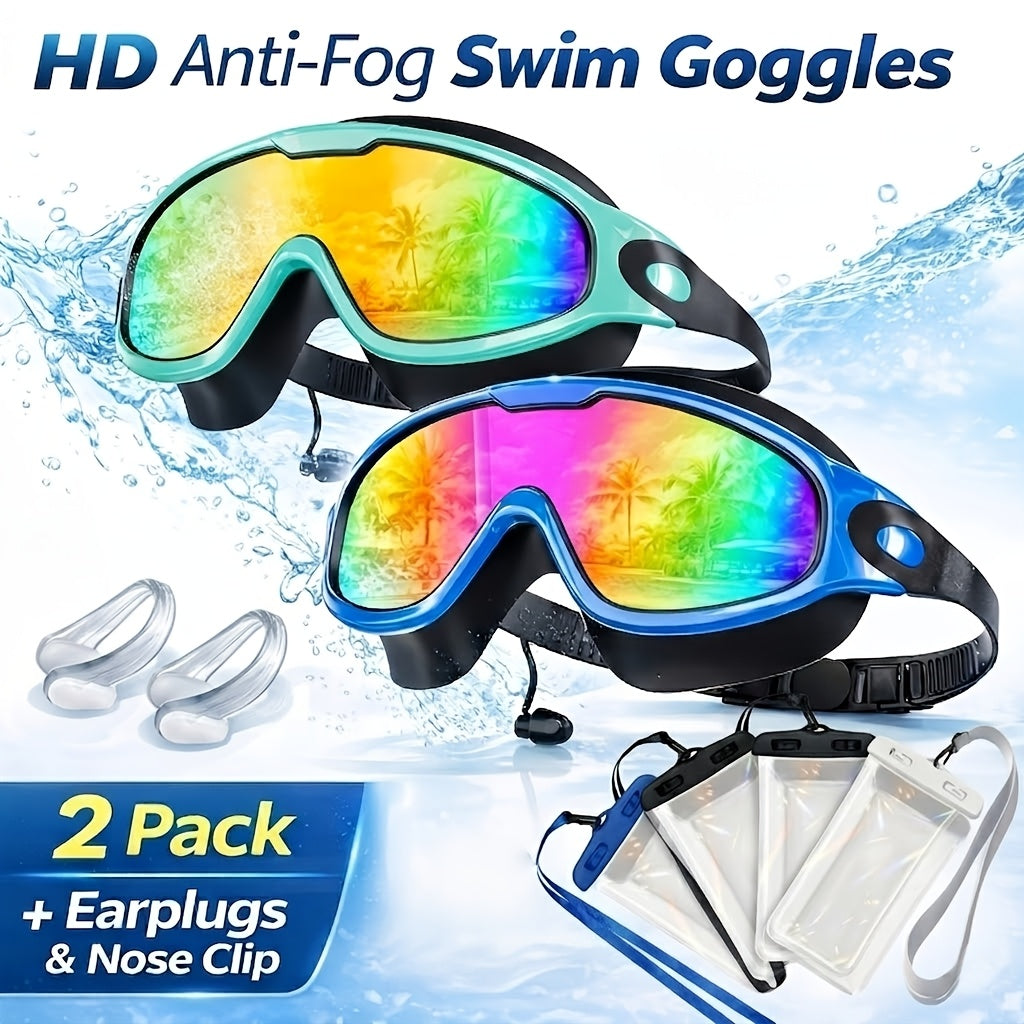 2 Pack HD Anti-Fog Swim Goggles – Leak-Proof Wide Vision, UV Protection Mirrored Lens, Comfortable Fit for Men Women Adults, with Earplugs Nose Clip Case & Waterproof Bag