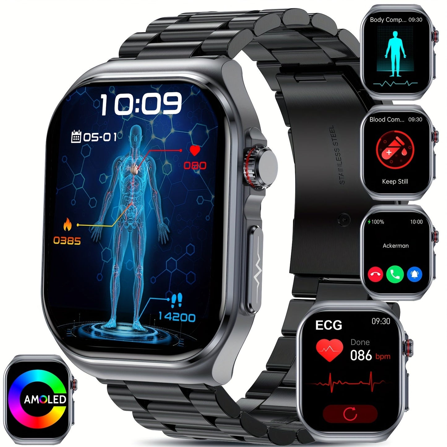 AMOLED Smartwatch 2.04" Display, Bluetooth 5.3 Calling, NFC, 530mAh Battery, Multi-Sport Modes, Voice Assistant, SOS, Menstrual & Weather Forecast, Magnetic Charging, Compatible with iOS & Android, Unisex Gift for Men & Women