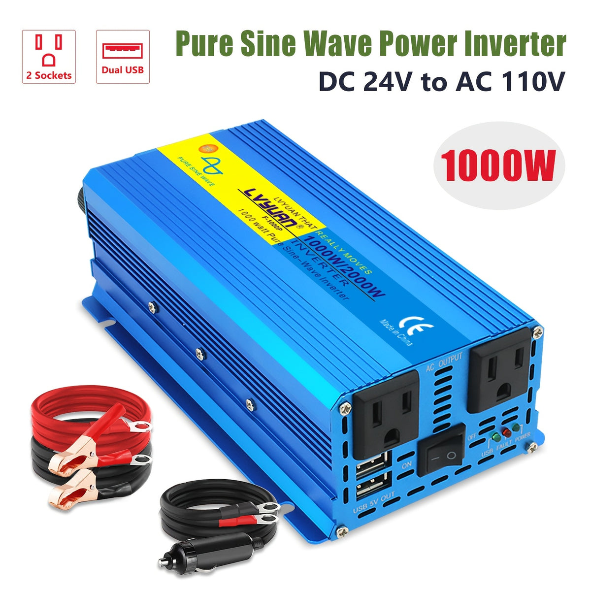 LVYUAN 6000W Pure Sine Wave Power Inverter, 1000W/2000W Pure Sine Wave Inverter, 12V to 110V AC Power Inverter with 2 US Sockets, Dual USB Ports (3.1A), for Car, Home, RV, Gift