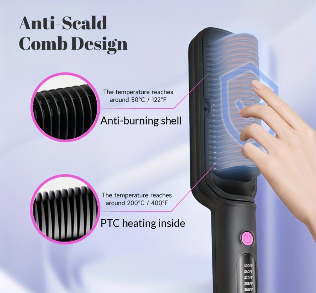 6-Setting Ionic Hair Straightener Brush with Fast Heat-Up & Anti-Scald Protection – Precise Temperature Control Flat Iron Straightening Comb for Women, All Hair Types, Home & Salon Use