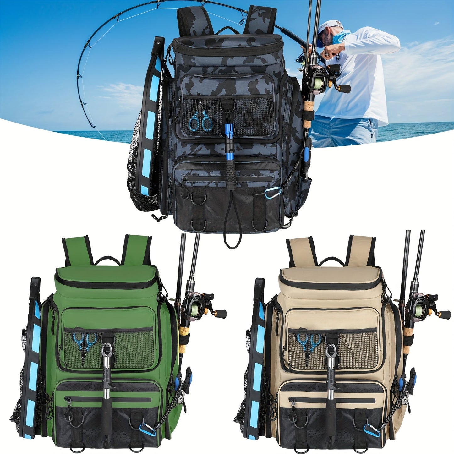 Waterproof Fishing Rod Backpack 42L – Built-In Rod Tube, 16 Pockets & Insulated Cooler Option | Black, Camo, Khaki, Gray