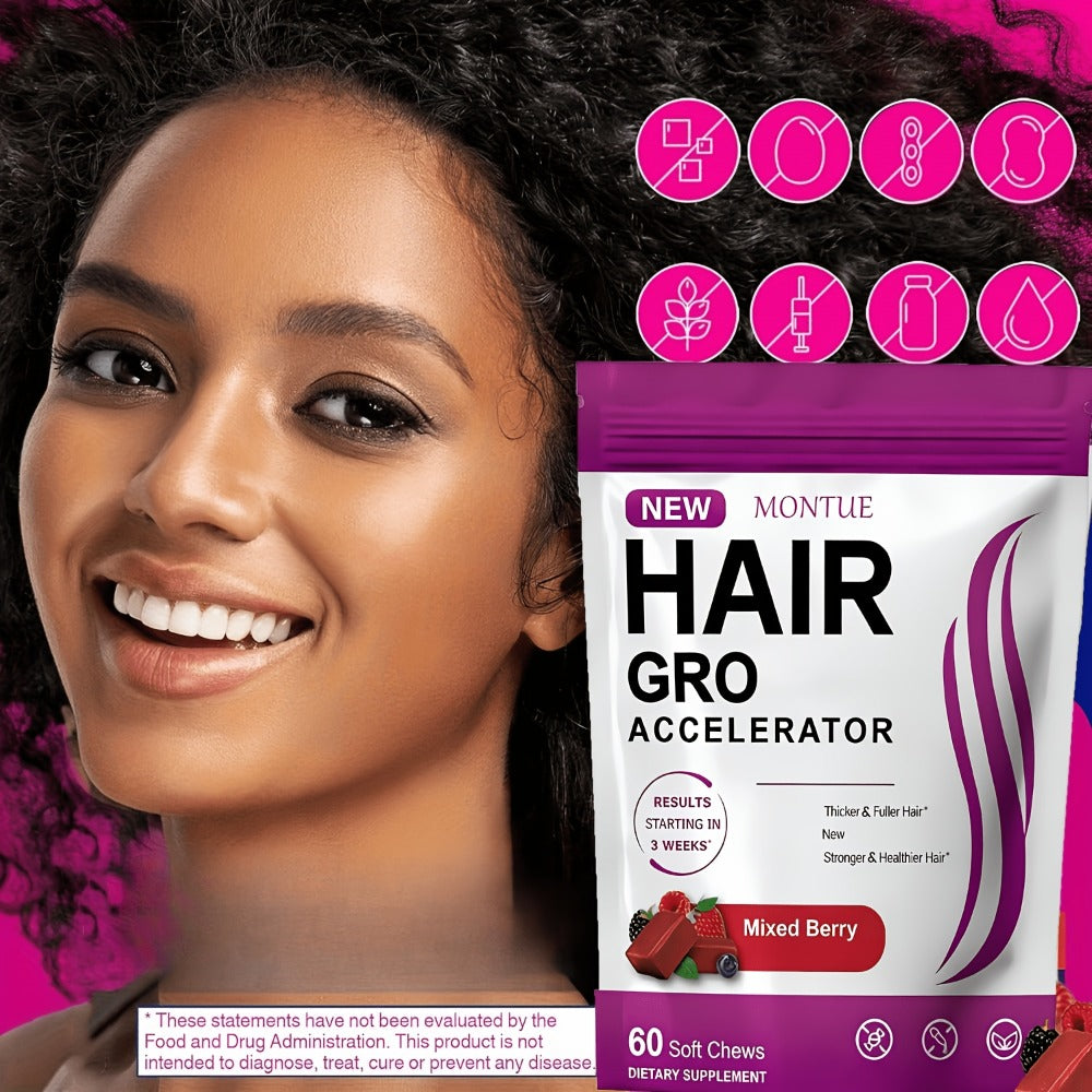 MONTUE Biotin Hair Gummies with Arginine, Vitamin C & Vitamin E – Daily Hair Nourishment Supplement for Women, Mixed Berry Flavor, 60 Soft Chews 30-Day Supply