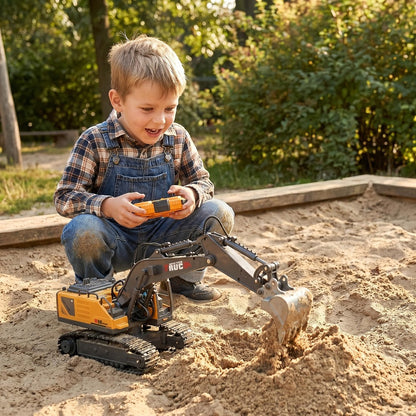 RC Excavator Toy for Kids Track Type 2.4GHz – 1200mAh Rechargeable Remote Control Construction Truck with Metal Shovel & LED Light, STEM Gift for Boys Ages 6 7 8 9 10 11 12 Birthday Christmas (Metal/Plastic/Mini)