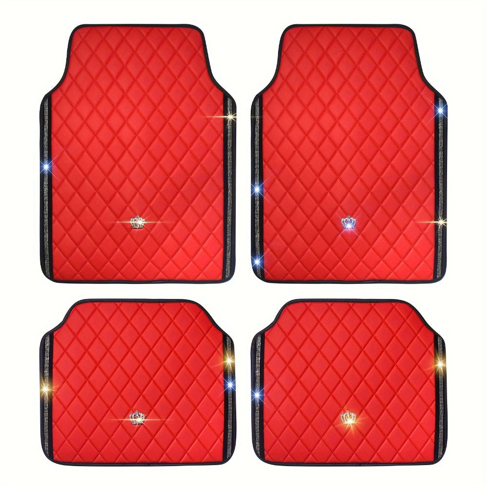 Luxury Car Floor Mats PU Leather Rhinestone Crown Embroidery – Glitter 3D Embossed Foot Pad, Easy Clean, Unisex, Red & Black