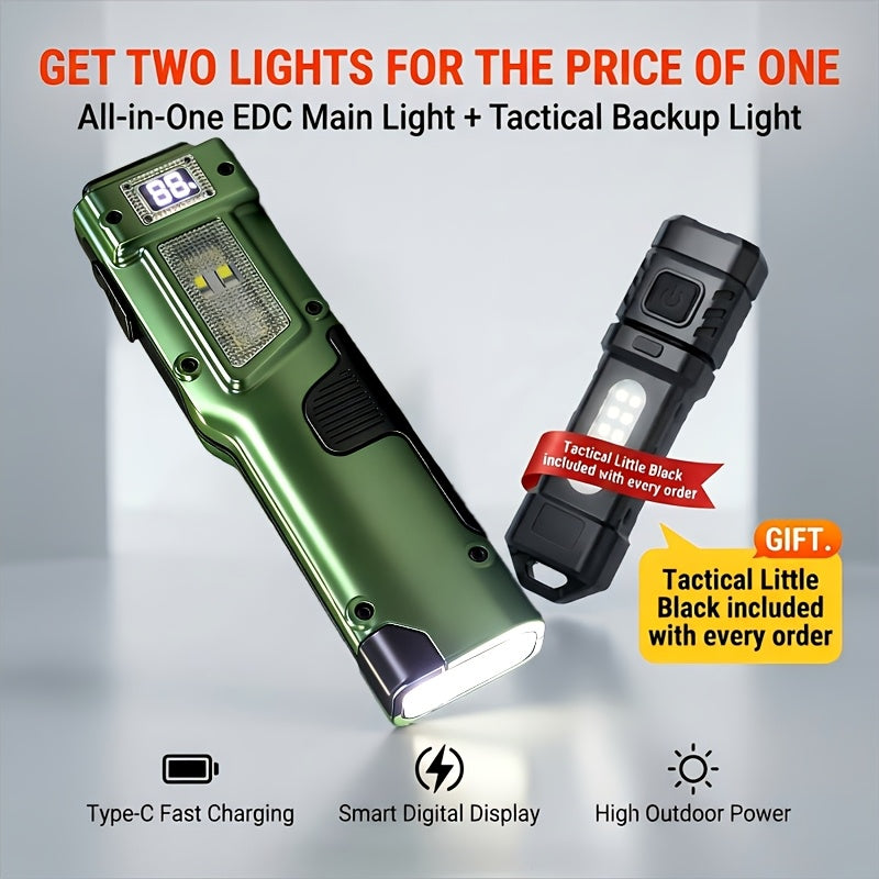 EDC Tactical Flashlight Set 2-Pack - Flat LED Torch + Mini Backup Light, 8 Modes LCD Display, USB-C Rechargeable, Aluminum Body with Back Clip for Camping, Survival & Gift