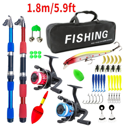 Beginner Fishing Rod & Reel Set – Couple Double Rod Wheel Kit with Red & Blue Fishing Poles 70.87" & 82.68", Complete Fishing Gear Equipment for Beginners Kids Men Women, Freshwater Starter Pack
