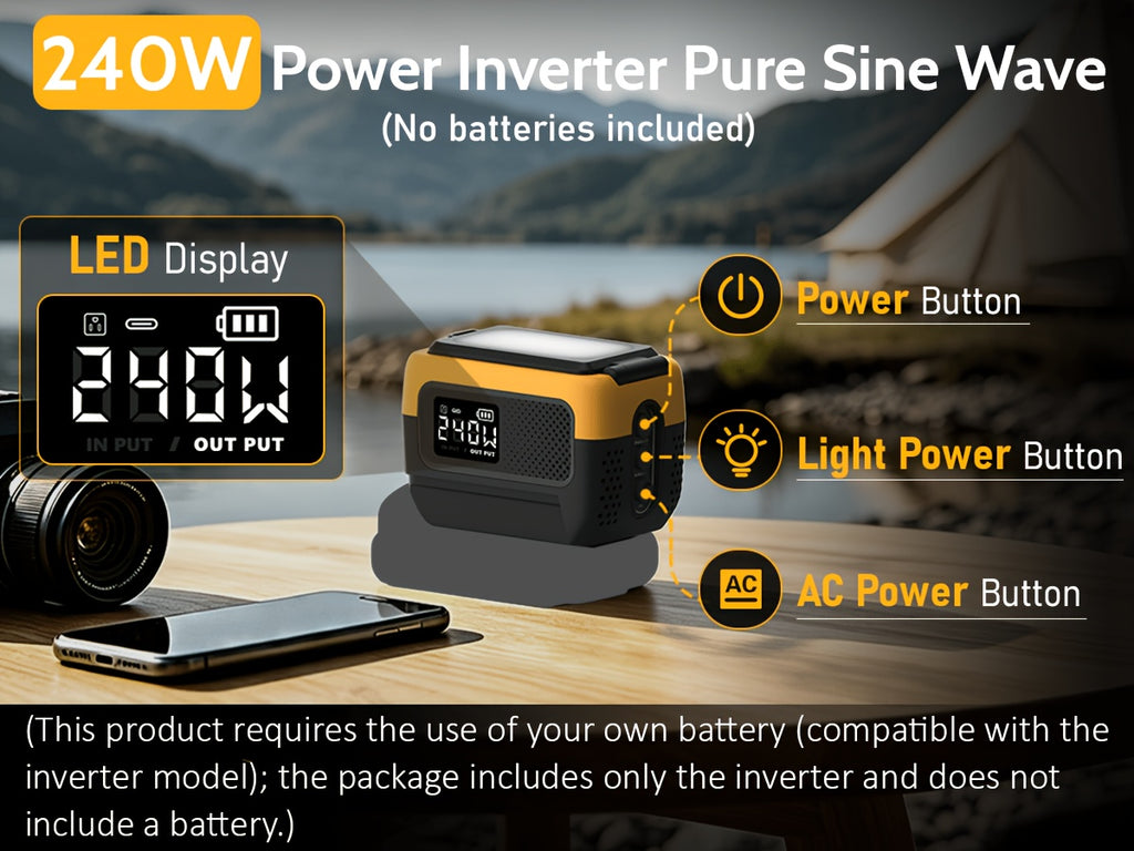240W Power Inverter Pure Sine Wave, Compatible with De-Walt 20V Battery, Power Inverter Adapter, USB-C 140W Fast Battery Bidirectional Charger, 120V AC Outlets, 2 QC USB Ports(18W), 600LM LED, Summer Outdoor Camping Essentials(No Battery)