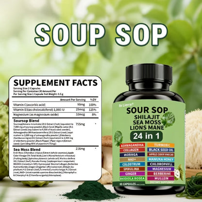 Sea Moss Capsules 24-in-1 with Soursop, Lion's Mane, Shilajit & 20 More Superfoods — Gut Health, Immune Support, Brain & Antioxidant Defense Formula for Women & Men
