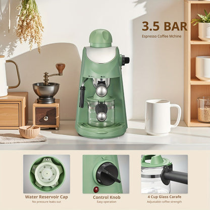 Espresso Machine 3.5Bar with Milk Frother Steam Wand Makes 4 Cups Cappuccino Latte Espresso Maker Compact Easy Clean Removable Portafilter Drip Tray Black Green
