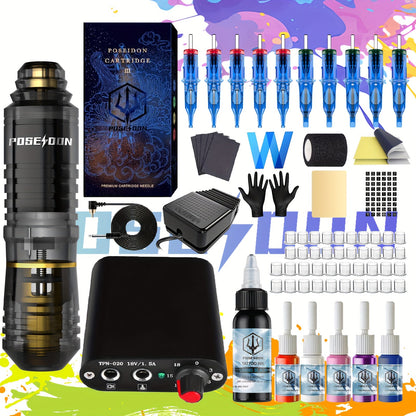 Rotary Tattoo Kit for Beginners Complete - POSEIDON Tattoo Pen Machine with Power Supply Foot Pedal 10 Needles 6 Color Inks Practice Skin Transfer Paper Full Tattoo Supplies for Artists