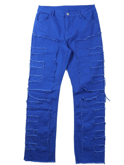 Men's Distressed Fringe-Hem Jeans - Washed Blue Stretch Denim Look