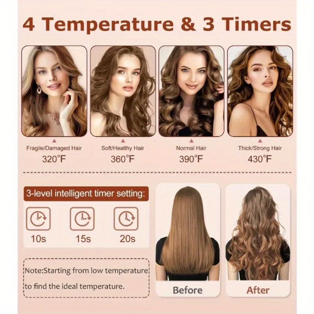 Automatic Curling Iron for Women with Ionic Technology — 4 Temperature Settings, 3 Timer Options, Dual-Direction Rotation, Anti-Scald & 360° Rotating Cord, Salon Waves at Home