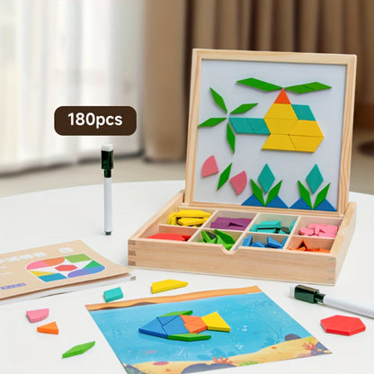 Magnetic Wooden Puzzle Blocks 128 180 220 Piece Set – Geometric Figures Cognitive Learning STEM Toy for Kids, Creative Jigsaw Building Gift for Toddlers & Children