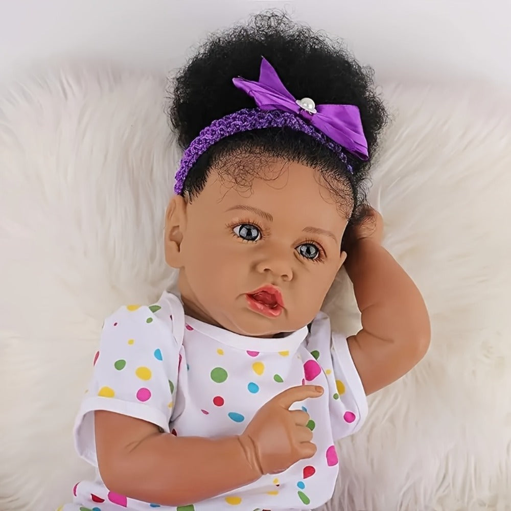 African American Reborn Baby Doll 21.5 Inch Full Vinyl – Curly Hair Black Girl Doll, Hand-Painted Lifelike Skin, Collectible Art Doll, Birthday Christmas Holiday Gift for Kids Ages 3+ & Collectors
