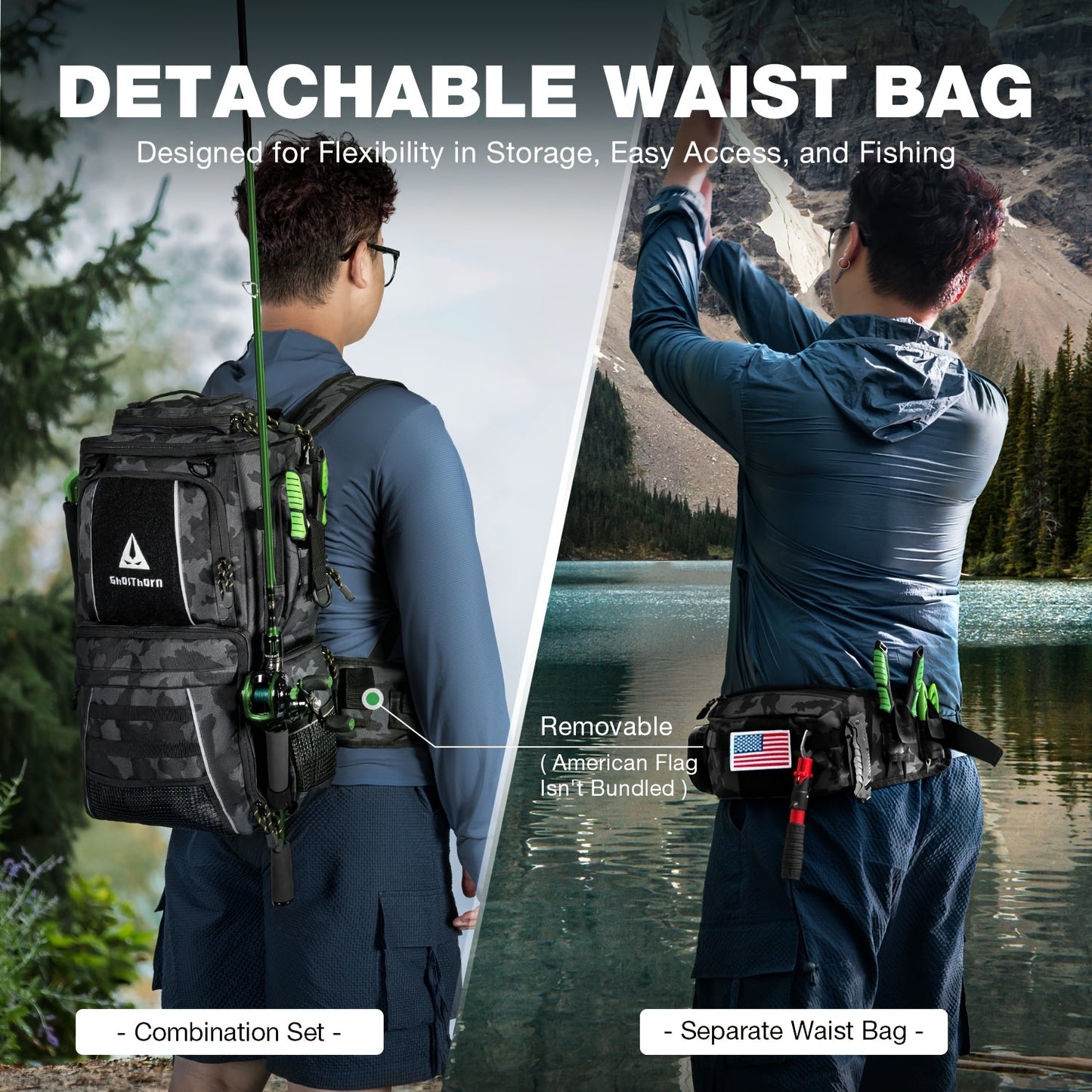 Large Fishing Tackle Bag with 4 Tackle Boxes – 43L Backpack with Rod Holder, Detachable Waist Pack & Gear Storage for Men Women | Black, Khaki & Camo