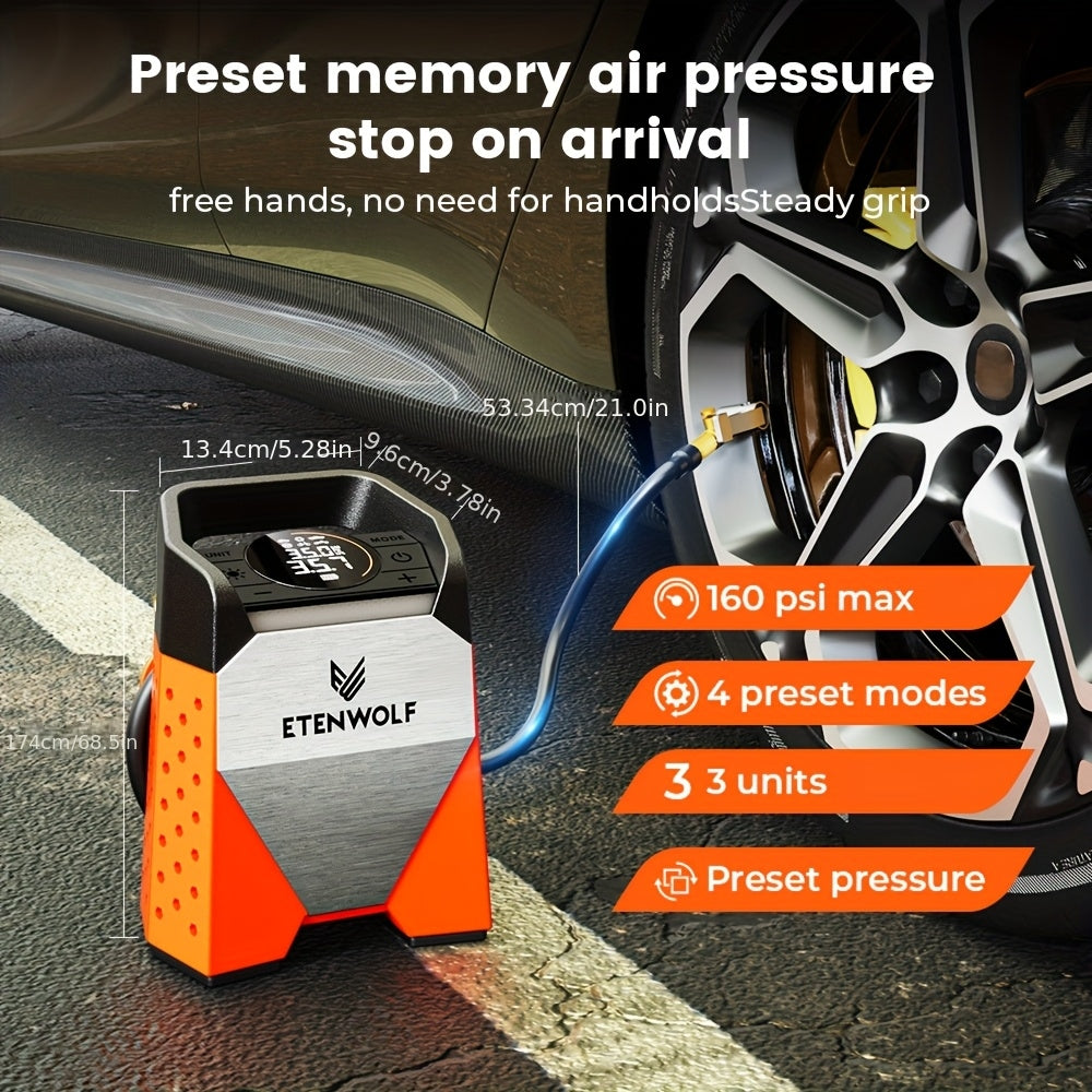 ETENWOLF S3C Ultra-Fast Tire Inflator with 160PSI and 5.81gal/Min Inflation and 7,800mAh Battery for Cars, Motorcycles, Bikes and Balls. Includes Pressure Monitor and Auto-stop Function, LED Lighting, a Variety of Adapted Nozzles and More!