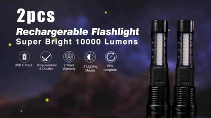 COB LED Flashlight Rechargeable – LED + COB Dual Light Source, Adjustable Floodlight, USB Rechargeable 1500mAh, Buy 1 Get 1 Free, Waterproof Torch for Camping, Fishing, Hunting & Emergency, Great Father’s Day Gift