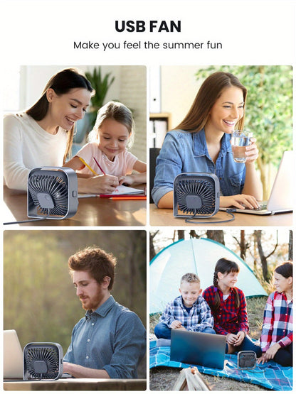 USB Desk Fan Portable, Small Personal Fan 3 Speed Settings 360° Rotation Silent Operation, Compact Lightweight USB Powered Cooling Fan for Home Office Dorm Bedroom Travel, Grey Blue Pink White