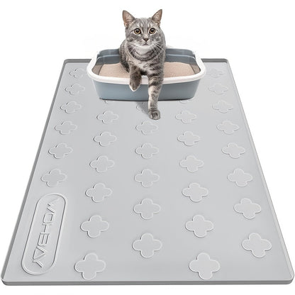 Cat Litter Mat XXL Silicone 34x22 Inch - 3-in-1 Waterproof Non-Slip Litter Trapping Mat with Raised Edges Easy Clean Foldable Pet Feeding Floor Protector
