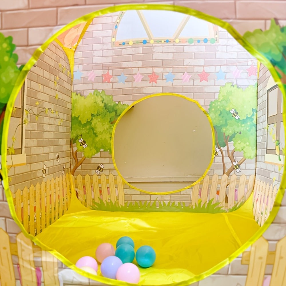 Kids Cottage Play Tent with Ball Pit Cartoon Playhouse Indoor Outdoor Imaginative Hideaway Fort for Toddlers Birthday Christmas Halloween Gift Boys Girls Ages 2+
