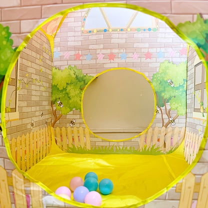Kids Cottage Play Tent with Ball Pit Cartoon Playhouse Indoor Outdoor Imaginative Hideaway Fort for Toddlers Birthday Christmas Halloween Gift Boys Girls Ages 2+
