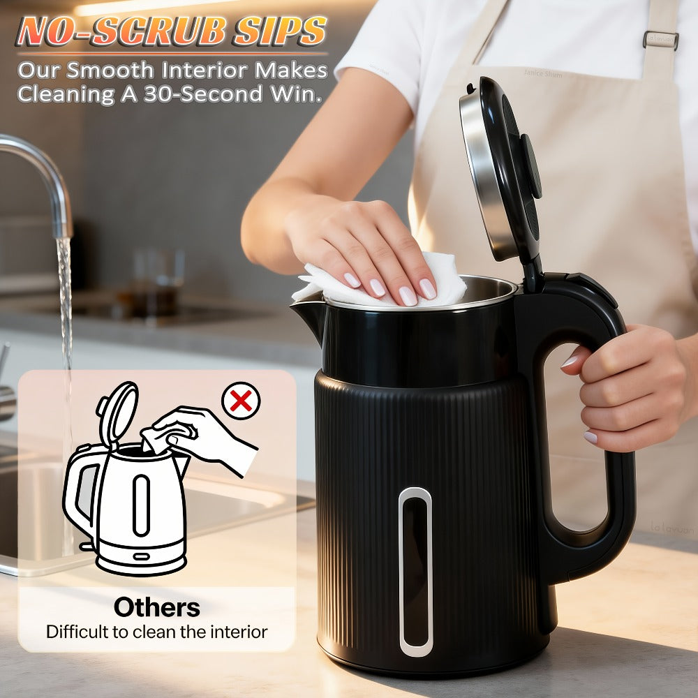 Electric Kettle 1000W Double Wall Stainless Steel – 57.48oz 304 SS Hot Water Kettle with 360° Rotary Base, LED Light, Auto Shut-Off & Boil-Dry Protection, Instant Water Warmer for Coffee & Tea – Black