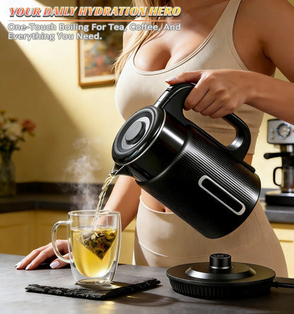 Electric Kettle 1000W Double Wall Stainless Steel – 57.48oz 304 SS Hot Water Kettle with 360° Rotary Base, LED Light, Auto Shut-Off & Boil-Dry Protection, Instant Water Warmer for Coffee & Tea – Black