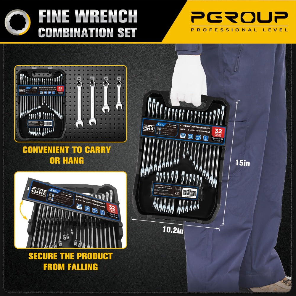 Combo Wrench Set SAE & Metric – CR-V Steel, Mirror Chrome Polished, Open & 12-Point Box Ends, Long & Short Reach, 14pc Metric (6-19mm) / 14pc SAE (1/4"-15/16") / 32pc Full Set
